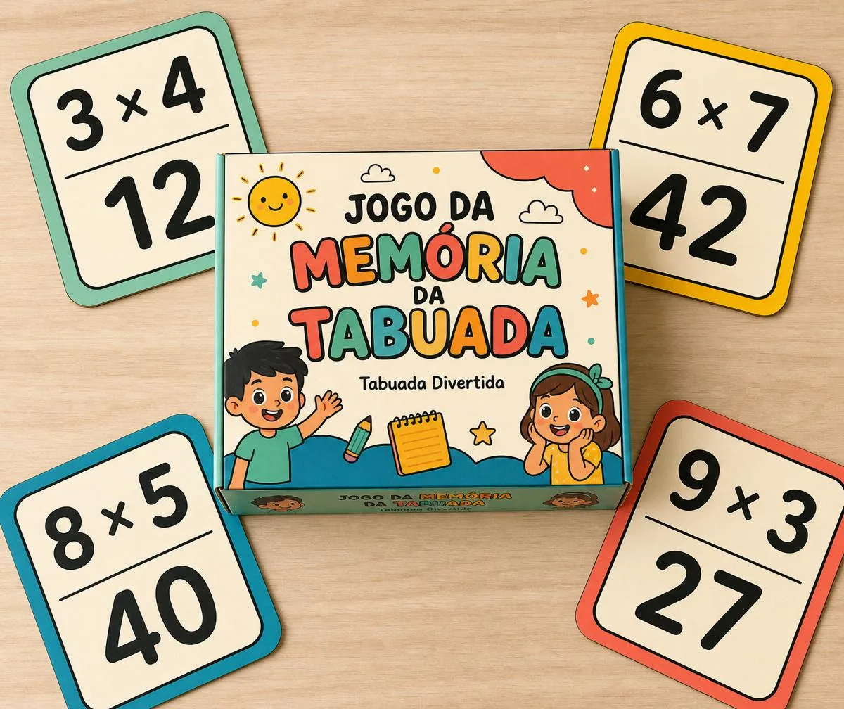 Caixa do Jogo da Memória da Tabuada com cartelas grandes mostrando a multiplicação em destaque e o resultado abaixo: 3 × 4 = 12, 6 × 7 = 42, 8 × 5 = 40 e 9 × 3 = 27