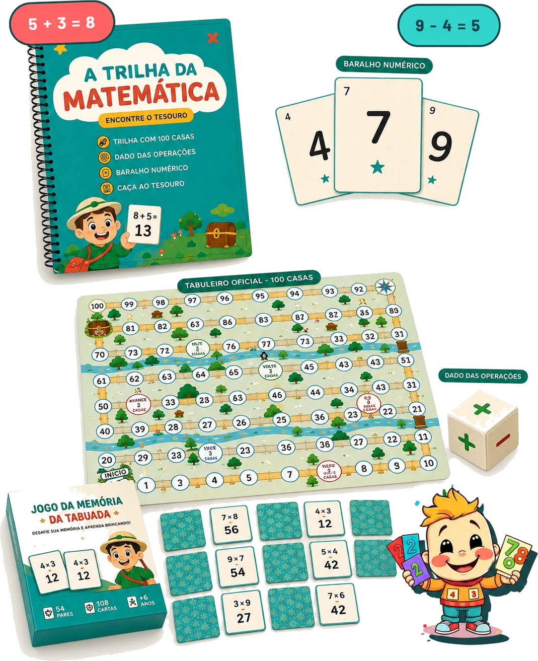 Kit A Trilha da Matemática: apostila espiral, tabuleiro de 100 casas, baralho numérico, dado das operações, Jogo da Memória da Tabuada, cartas do jogo da memória e mascote